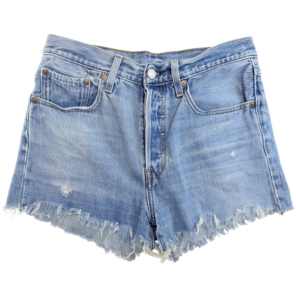 Levi's 501 Original Shorts Women 26 Blue Denim High Waisted Raw Hem Button Fly